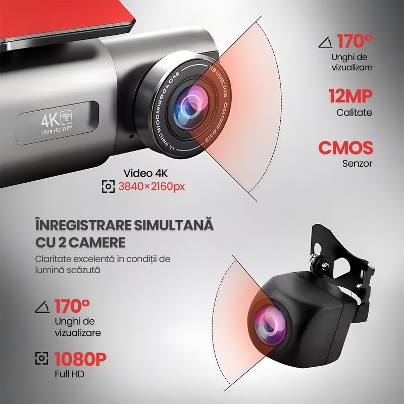 Auto si Moto - Electronice auto - Camere auto si DVR - Camera Auto DVR 4K Fata Spate WiFi Card 128GB, WDR Vedere Nocturna, G-Sensor, Parking 24H, Unghi 170°, Marsarier - Infinity.ro