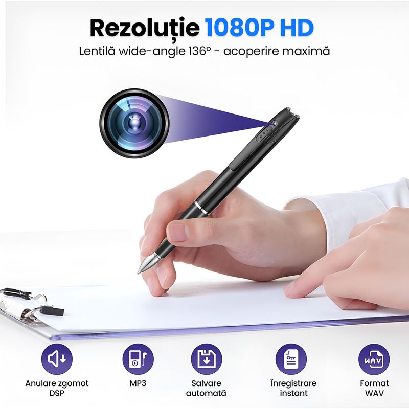 Laptop, Telefoane si Tablete - Wearables si gadgeturi - Gadgeturi - Dispozitive spionaj - Pix Spion cu Camera Video Full HD 1080P, Card MicroSD 16GB Inclus, Baterie 150 Min, Inregistrare Audio-Video, Negru - Infinity.ro