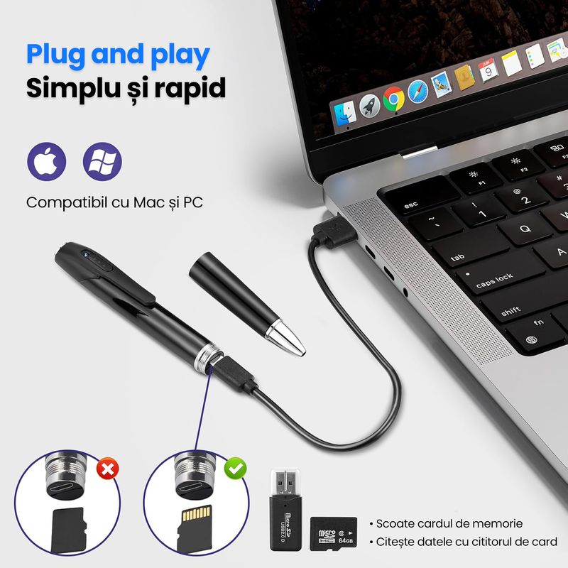 Laptop, Telefoane si Tablete - Wearables si gadgeturi - Gadgeturi - Dispozitive spionaj - Pix Spion cu Camera Video Full HD 1080P, Card MicroSD 16GB Inclus, Baterie 150 Min, Inregistrare Audio-Video, Negru - Infinity.ro