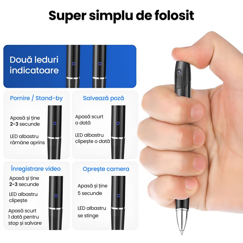 Laptop, Telefoane si Tablete - Wearables si gadgeturi - Gadgeturi - Dispozitive spionaj - Pix Spion cu Camera Video Full HD 1080P, Card MicroSD 16GB Inclus, Baterie 150 Min, Inregistrare Audio-Video, Negru - Infinity.ro