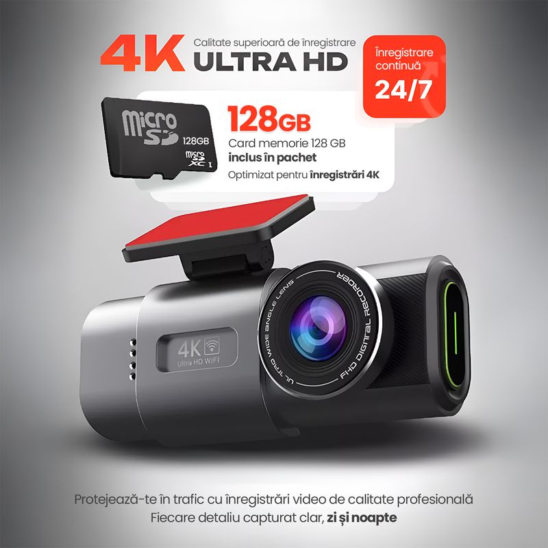 Auto si Moto - Electronice auto - Camere auto si DVR - Camera Auto DVR 4K Fata Spate WiFi Card 128GB, WDR Vedere Nocturna, G-Sensor, Parking 24H, Unghi 170°, Marsarier - Infinity.ro