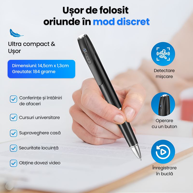 Laptop, Telefoane si Tablete - Wearables si gadgeturi - Gadgeturi - Dispozitive spionaj - Pix Spion cu Camera Video Full HD 1080P, Card MicroSD 32GB Inclus, Baterie 150 Min, Inregistrare Audio-Video, Negru - Infinity.ro