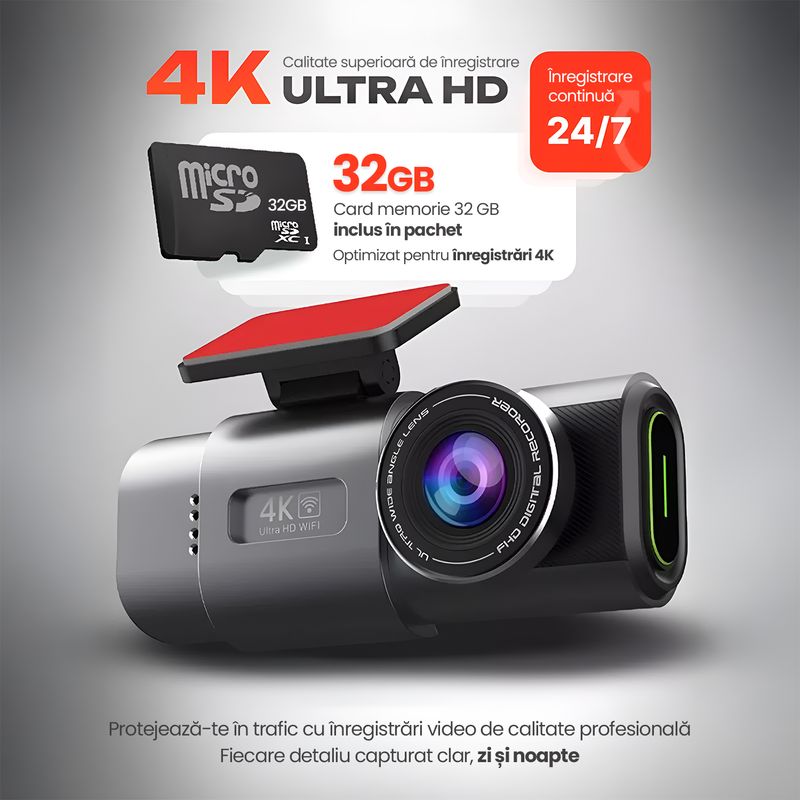 Auto si Moto - Electronice auto - Camere auto si DVR - Camera Auto DVR 4K Fata Spate WiFi Card 32GB, WDR Vedere Nocturna, G-Sensor, Parking 24H, Unghi 170°, Marsarier - Infinity.ro