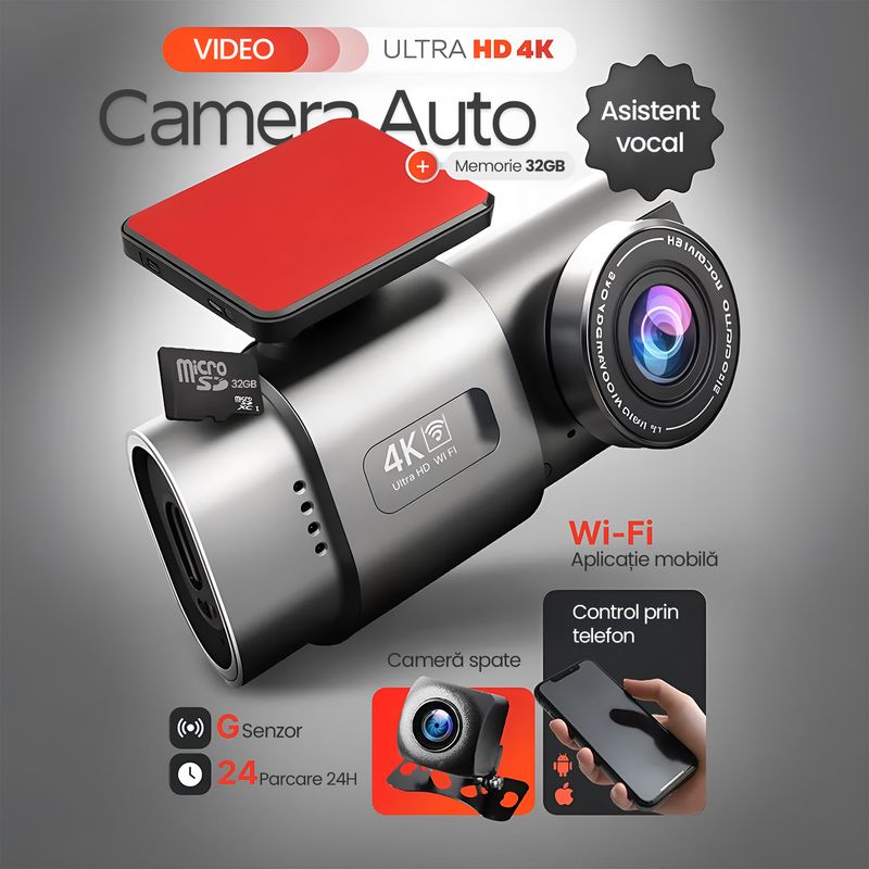 Auto si Moto - Electronice auto - Camere auto si DVR - Camera Auto DVR 4K Fata Spate WiFi Card 32GB, WDR Vedere Nocturna, G-Sensor, Parking 24H, Unghi 170°, Marsarier - Infinity.ro