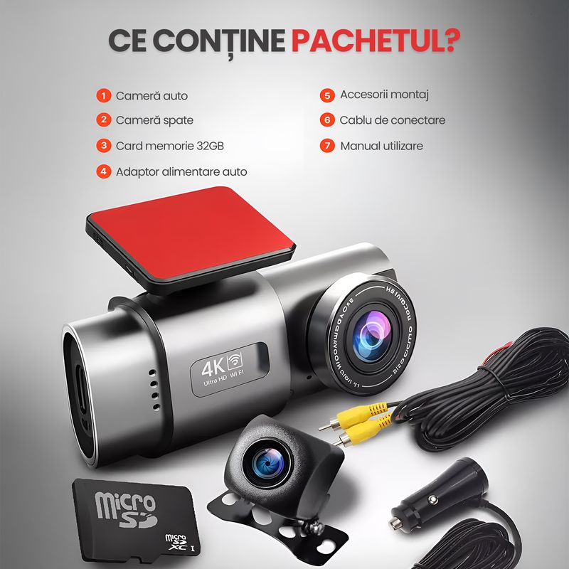 Auto si Moto - Electronice auto - Camere auto si DVR - Camera Auto DVR 4K Fata Spate WiFi Card 32GB, WDR Vedere Nocturna, G-Sensor, Parking 24H, Unghi 170°, Marsarier - Infinity.ro