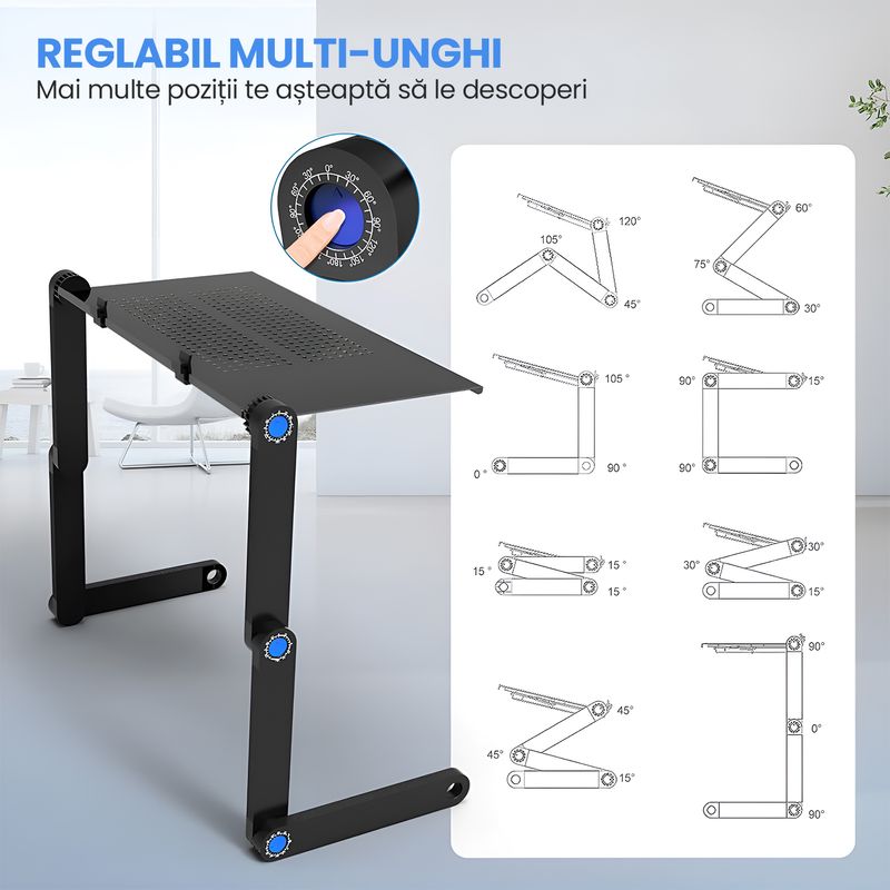 Laptop, Telefoane si Tablete - Laptopuri si accesorii - Accesorii Laptop - Standuri/Coolere notebook - Stand Masa Laptop Reglabila 42cm Aluminiu 2 Ventilatoare, Ergonomic 7-17" Multi-Unghi 360°, Mouse Pad, Pliabil - Infinity.ro