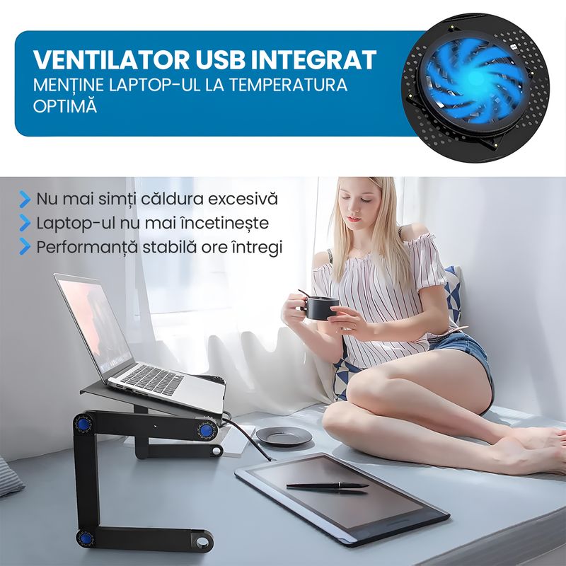 Laptop, Telefoane si Tablete - Laptopuri si accesorii - Accesorii Laptop - Standuri/Coolere notebook - Stand Masa Laptop Reglabila 42cm Aluminiu 2 Ventilatoare, Ergonomic 7-17" Multi-Unghi 360°, Mouse Pad, Pliabil - Infinity.ro