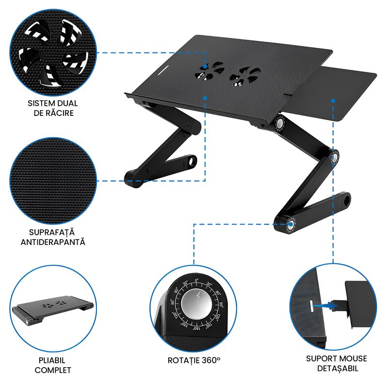 Laptop, Telefoane si Tablete - Laptopuri si accesorii - Accesorii Laptop - Standuri/Coolere notebook - Stand Masa Laptop Reglabila 42cm Aluminiu 2 Ventilatoare, Ergonomic 7-17" Multi-Unghi 360°, Mouse Pad, Pliabil - Infinity.ro