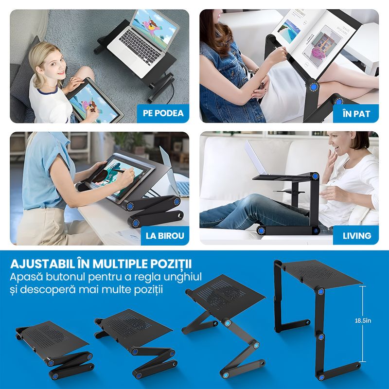 Laptop, Telefoane si Tablete - Laptopuri si accesorii - Accesorii Laptop - Standuri/Coolere notebook - Stand Masa Laptop Reglabila 42cm Aluminiu 2 Ventilatoare, Ergonomic 7-17" Multi-Unghi 360°, Mouse Pad, Pliabil - Infinity.ro