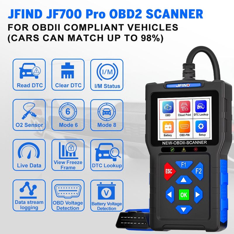 Auto si Moto - Reparatii si depanare - Scule auto - Testere si multimetre - Tester auto JFIND JF700 Pro OBD2 Scanner – Diagnostic complet motor, baterie si senzori, 12V, ecran color - Infinity.ro