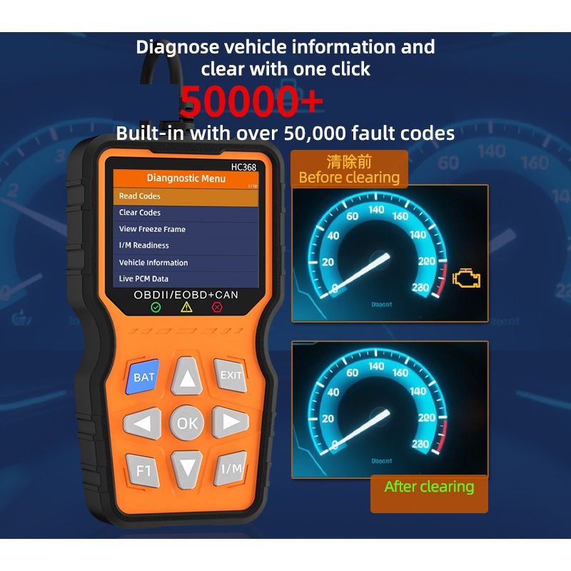 Auto si Moto - Reparatii si depanare - Scule auto - Testere si multimetre - Tester diagnoza auto Techstar HC368 OBD2 EOBD CAN, display 2.8, Live Data, IM Readiness, Test baterie, 50000+ coduri DTC - Infinity.ro