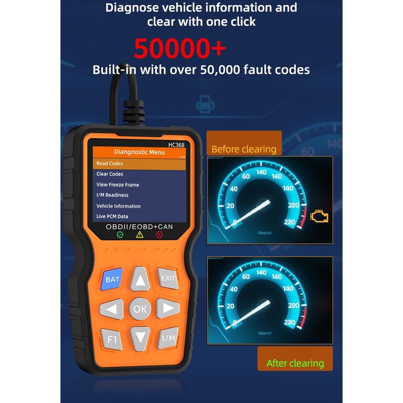 Auto si Moto - Reparatii si depanare - Scule auto - Testere si multimetre - Tester diagnoza auto Techstar HC368 OBD2 EOBD CAN, display 2.8, Live Data, IM Readiness, Test baterie, 50000+ coduri DTC - Infinity.ro