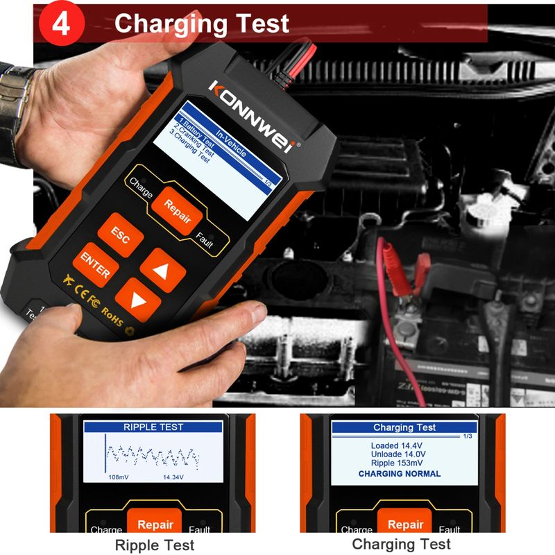 Auto si Moto - Reparatii si depanare - Scule auto - Testere si multimetre - Tester incarcare si reparare baterii auto KONNWEI KW520 – Tester baterie 12V/24V cu functie de incarcare 10A/5A - Infinity.ro