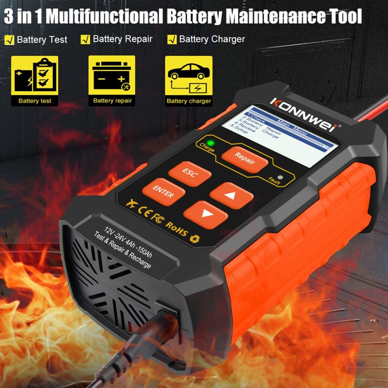 Auto si Moto - Reparatii si depanare - Scule auto - Testere si multimetre - Tester incarcare si reparare baterii auto KONNWEI KW520 – Tester baterie 12V/24V cu functie de incarcare 10A/5A - Infinity.ro