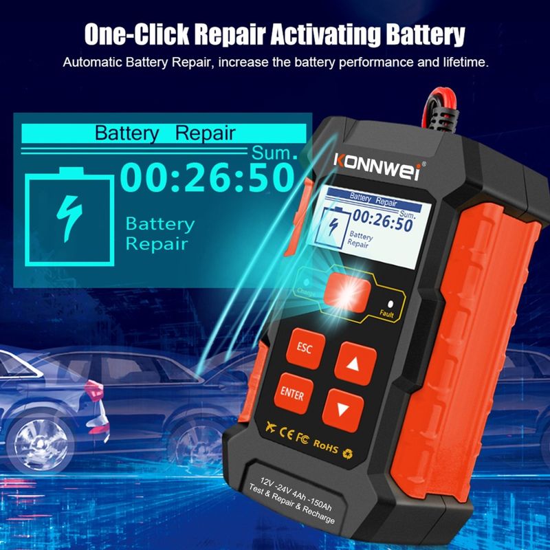 Auto si Moto - Reparatii si depanare - Scule auto - Testere si multimetre - Tester incarcare si reparare baterii auto KONNWEI KW520 – Tester baterie 12V/24V cu functie de incarcare 10A/5A - Infinity.ro