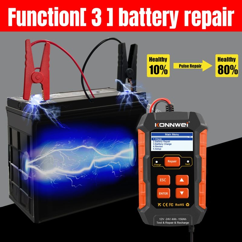 Auto si Moto - Reparatii si depanare - Scule auto - Testere si multimetre - Tester incarcare si reparare baterii auto KONNWEI KW520 – Tester baterie 12V/24V cu functie de incarcare 10A/5A - Infinity.ro
