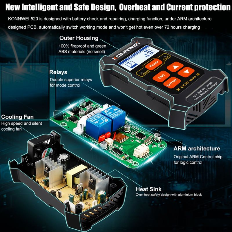 Auto si Moto - Reparatii si depanare - Scule auto - Testere si multimetre - Tester incarcare si reparare baterii auto KONNWEI KW520 – Tester baterie 12V/24V cu functie de incarcare 10A/5A - Infinity.ro