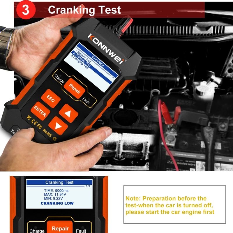 Auto si Moto - Reparatii si depanare - Scule auto - Testere si multimetre - Tester incarcare si reparare baterii auto KONNWEI KW520 – Tester baterie 12V/24V cu functie de incarcare 10A/5A - Infinity.ro