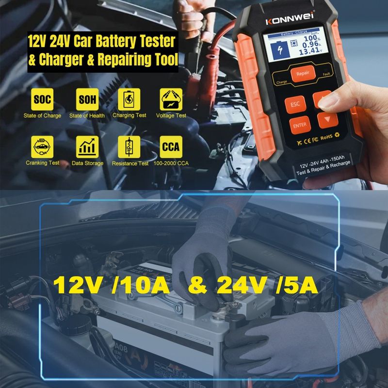 Auto si Moto - Reparatii si depanare - Scule auto - Testere si multimetre - Tester incarcare si reparare baterii auto KONNWEI KW520 – Tester baterie 12V/24V cu functie de incarcare 10A/5A - Infinity.ro