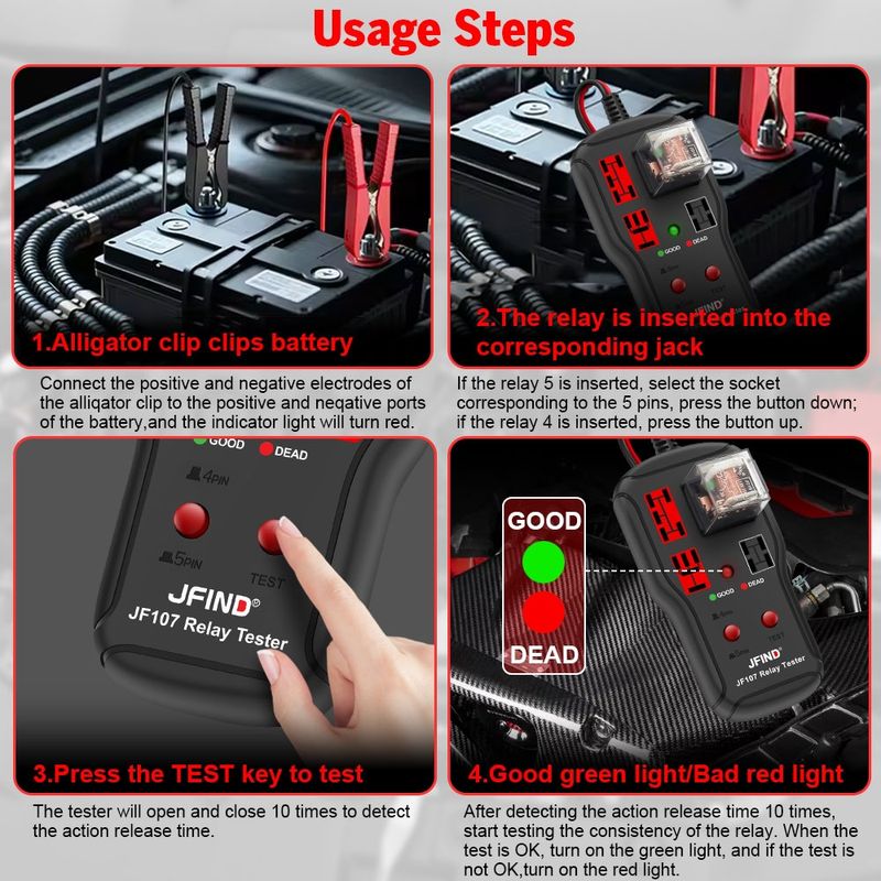 Auto si Moto - Reparatii si depanare - Scule auto - Testere si multimetre - Tester relee auto JFIND JF107, universal 12V/24V, pentru relee 4 pini si 5 pini, indicator LED bun/defect - Infinity.ro