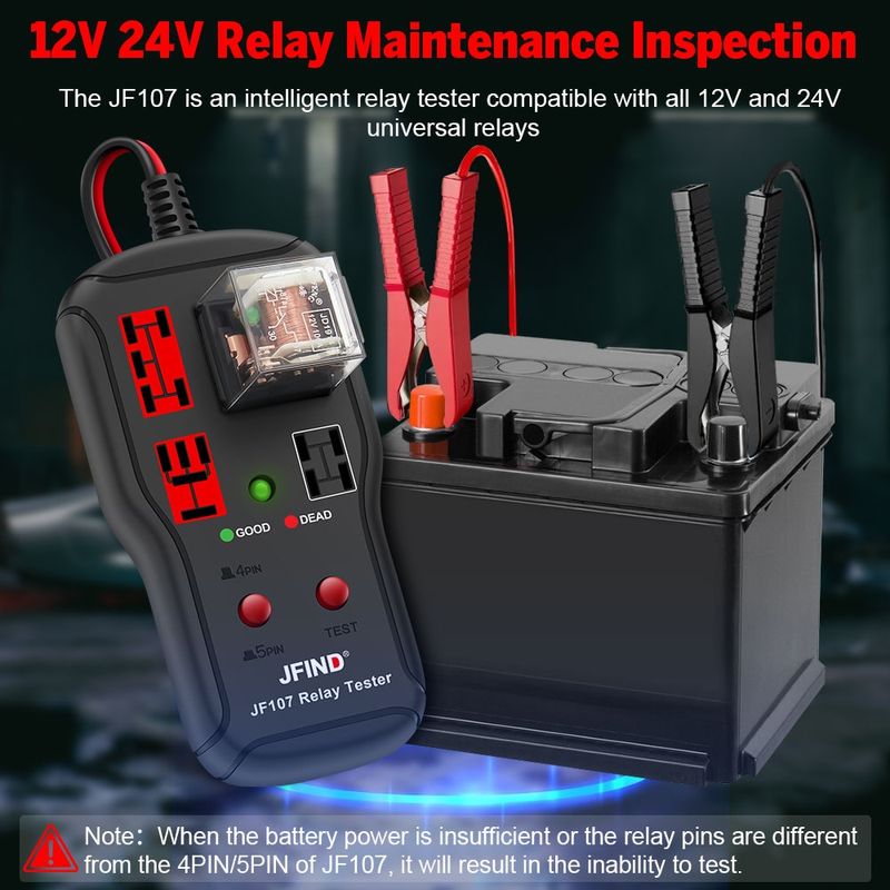Auto si Moto - Reparatii si depanare - Scule auto - Testere si multimetre - Tester relee auto JFIND JF107, universal 12V/24V, pentru relee 4 pini si 5 pini, indicator LED bun/defect - Infinity.ro