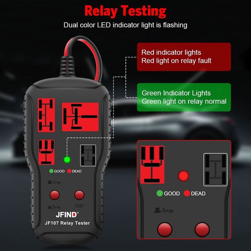 Auto si Moto - Reparatii si depanare - Scule auto - Testere si multimetre - Tester relee auto JFIND JF107, universal 12V/24V, pentru relee 4 pini si 5 pini, indicator LED bun/defect - Infinity.ro