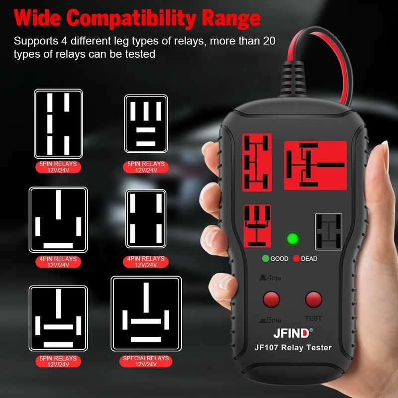 Auto si Moto - Reparatii si depanare - Scule auto - Testere si multimetre - Tester relee auto JFIND JF107, universal 12V/24V, pentru relee 4 pini si 5 pini, indicator LED bun/defect - Infinity.ro