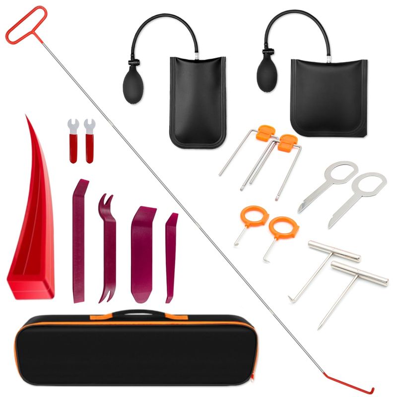 Auto si Moto - Reparatii si depanare - Scule auto - Scule si truse auto - Kit profesional deschidere usi auto 170 cm – 26 piese cu tija inox, 2 perne pneumatice, unelte demontare panouri - Infinity.ro