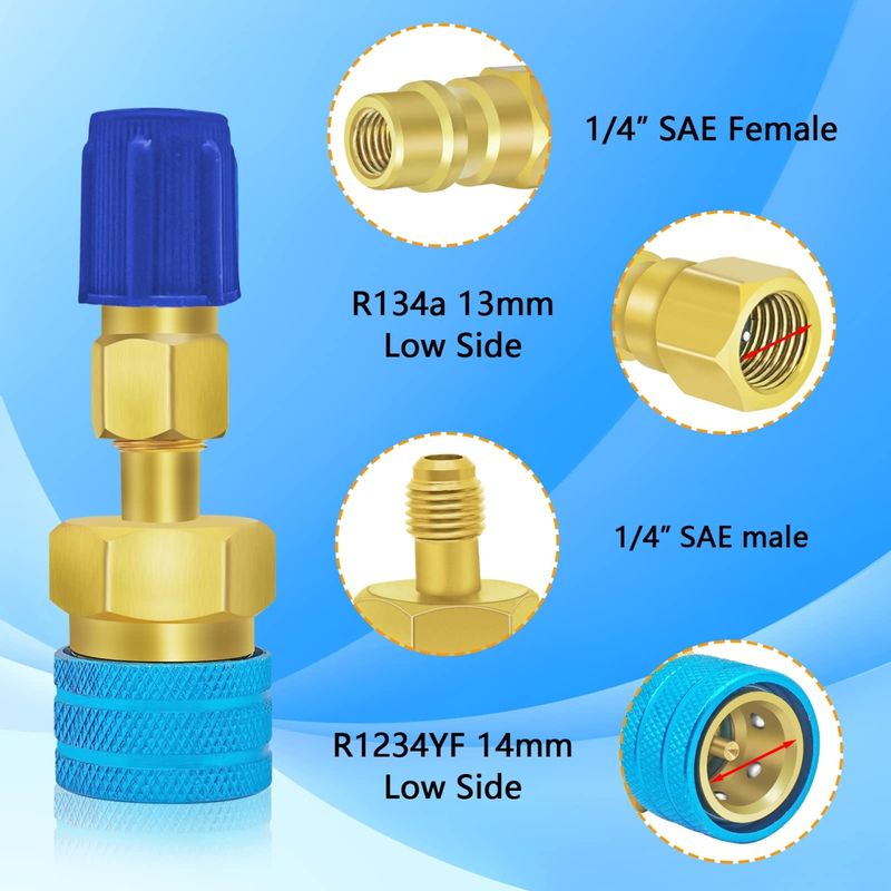 Auto si Moto - Reparatii si depanare - Scule auto - Scule si truse auto - Adaptor rapid R1234yf la R134a Techstar, set 2 cuple AC auto High Low Side 1/4 SAE pentru incarcare freon si service - Infinity.ro
