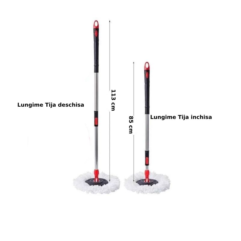 Market - Curatenie si intretinere casa - Produse menaj - Maturi si farase - Set galeata cu storcator si mop rotativ PAA-home®, coada mop metal telescopia 360 grade rotatie, mop, cos stoarcere detasabil, orificiu scurgere apa si 2 lavete microfibra rotunde, culoare negru rosu - Infinity.ro