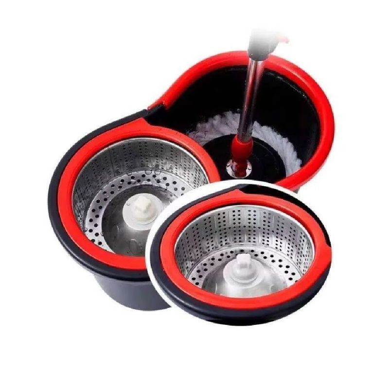 Market - Curatenie si intretinere casa - Produse menaj - Maturi si farase - Set galeata cu storcator si mop rotativ PAA-home®, coada mop metal telescopia 360 grade rotatie, mop, cos stoarcere detasabil, orificiu scurgere apa si 2 lavete microfibra rotunde, culoare negru rosu - Infinity.ro