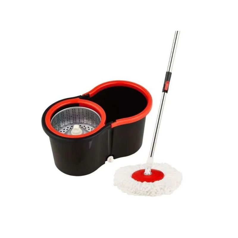Market - Curatenie si intretinere casa - Produse menaj - Maturi si farase - Set galeata cu storcator si mop rotativ PAA-home®, coada mop metal telescopia 360 grade rotatie, mop, cos stoarcere detasabil, orificiu scurgere apa si 2 lavete microfibra rotunde, culoare negru rosu - Infinity.ro