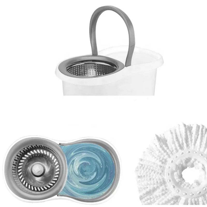 Market - Curatenie si intretinere casa - Produse menaj - Maturi si farase - Set galeata cu storcator si mop rotativ PAA-home, coada mop metal telescopia 360 grade rotatie, mop, cos stoarcere inox si 2 lavete microfibra rotunde, culoare alba - Infinity.ro