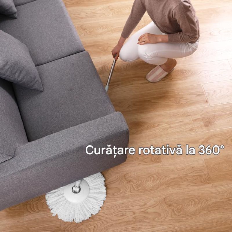 Market - Curatenie si intretinere casa - Produse menaj - Maturi si farase - Set galeata cu storcator si mop rotativ PAA-home, coada mop metal telescopia 360 grade rotatie, mop, cos stoarcere inox si 2 lavete microfibra rotunde, culoare alba - Infinity.ro