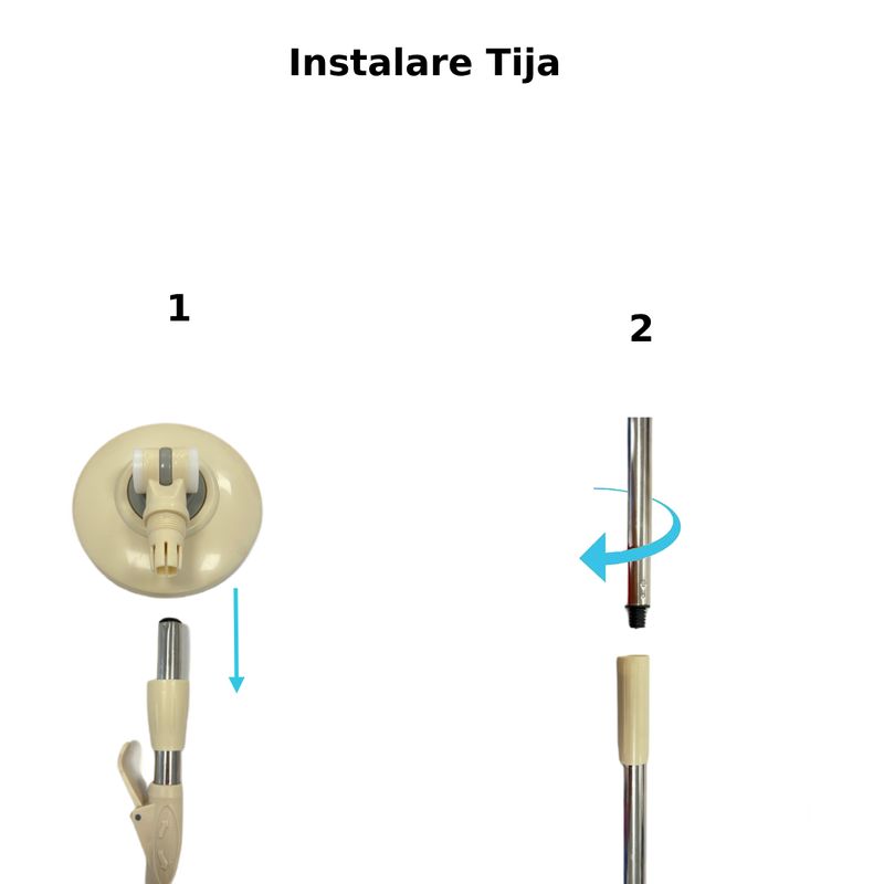 Market - Curatenie si intretinere casa - Produse menaj - Maturi si farase - Set galeata cu storcator si mop rotativ PAA-home®, coada mop metal telescopia 360 grade rotatie, mop, cos stoarcere inox si 2 lavete microfibra rotunde, culoare crem - Infinity.ro