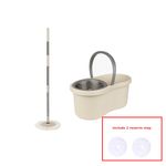 Market - Curatenie si intretinere casa - Produse menaj - Maturi si farase - Set galeata cu storcator si mop rotativ PAA-home®, coada mop metal telescopia 360 grade rotatie, mop, cos stoarcere inox si 2 lavete microfibra rotunde, culoare crem - Infinity.ro
