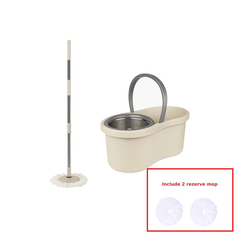Market - Curatenie si intretinere casa - Produse menaj - Maturi si farase - Set galeata cu storcator si mop rotativ PAA-home®, coada mop metal telescopia 360 grade rotatie, mop, cos stoarcere inox si 2 lavete microfibra rotunde, culoare crem - Infinity.ro
