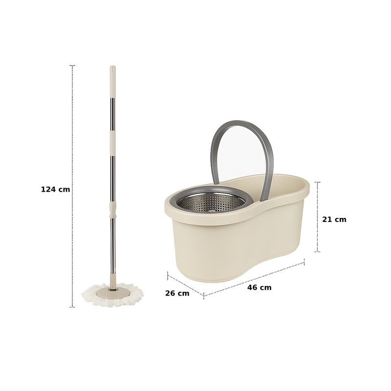 Market - Curatenie si intretinere casa - Produse menaj - Maturi si farase - Set galeata cu storcator si mop rotativ PAA-home®, coada mop metal telescopia 360 grade rotatie, mop, cos stoarcere inox si 2 lavete microfibra rotunde, culoare crem - Infinity.ro
