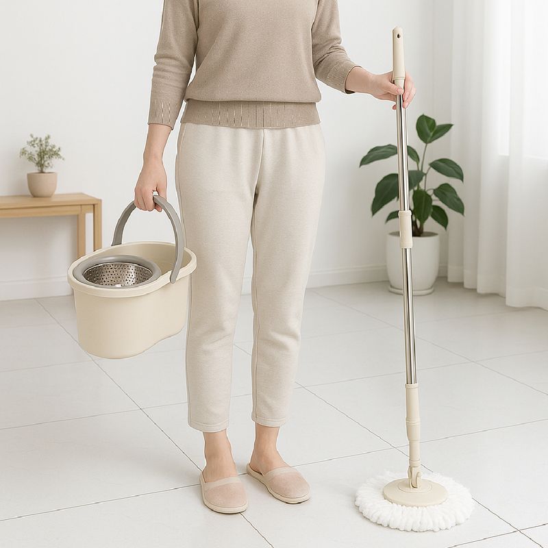 Market - Curatenie si intretinere casa - Produse menaj - Maturi si farase - Set galeata cu storcator si mop rotativ PAA-home®, coada mop metal telescopia 360 grade rotatie, mop, cos stoarcere inox si 2 lavete microfibra rotunde, culoare crem - Infinity.ro