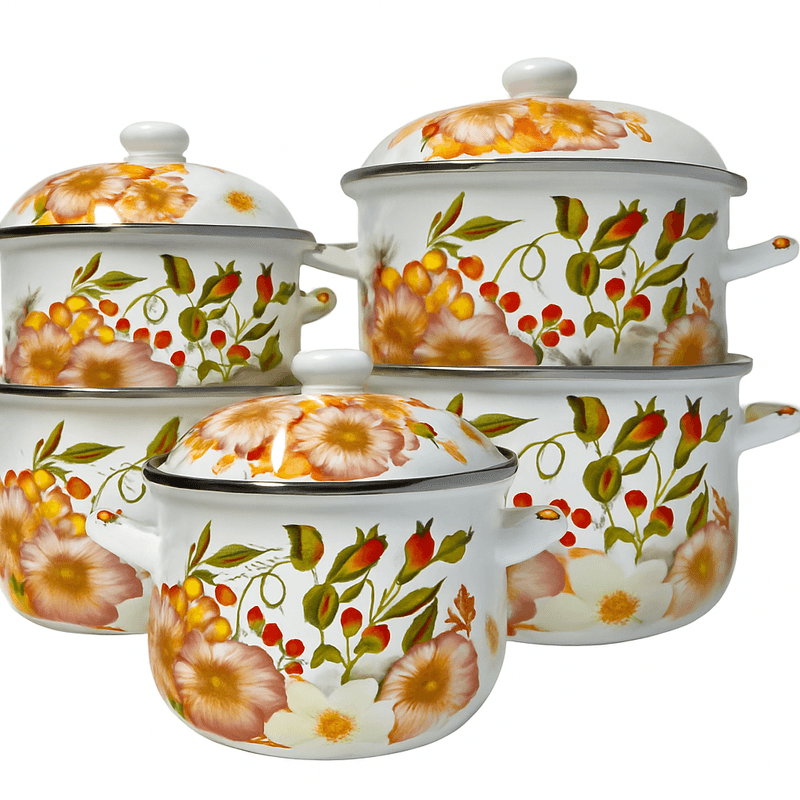 Casa si Gradina - Bucatarie si vesela - Vase pentru gatit - Oale si cratite - Set 5 oale emailate, Longfei Group, 1.8l/3.3l/4l/5.3l/6.4l, Verde/Galben - Infinity.ro