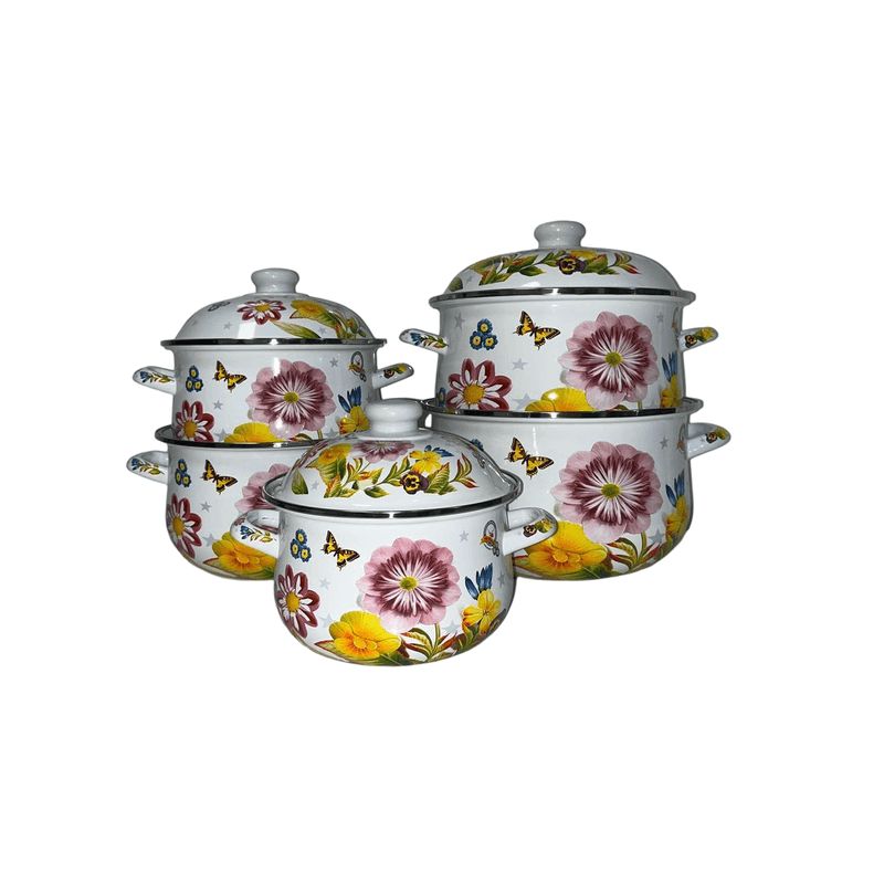 Casa si Gradina - Bucatarie si vesela - Vase pentru gatit - Oale si cratite - Set 5 oale emailate, Longfei Group, 1.8l/3.3l/4l/5.3l/6.4l, Mov/Galben - Infinity.ro