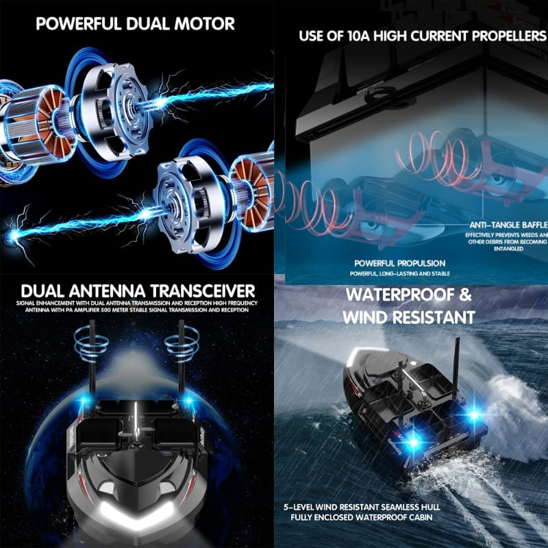 Jucarii, Copii si Bebe - Jucarii si jocuri - Vehicule si jucarii cu telecomanda - Barci cu telecomanda - Barca Plantat, Nadit si Momit iUni V802, 18000mAh, 4 cuve, 3kg, 500m, 15km/h, Telecomanda 2.4GHz, Negru - Infinity.ro