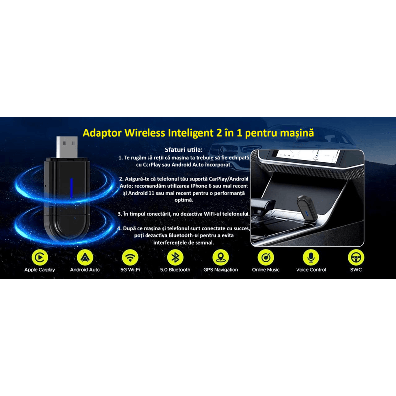 Auto si Moto - Electronice auto - Multimedia auto - Adaptor wireless CarPlay & Android Auto 2-in-1 ZYTEQ®️ PL6, iOS 10+/Android 11+, WiFi 5GHz, Plug-and-Play, negru - Infinity.ro
