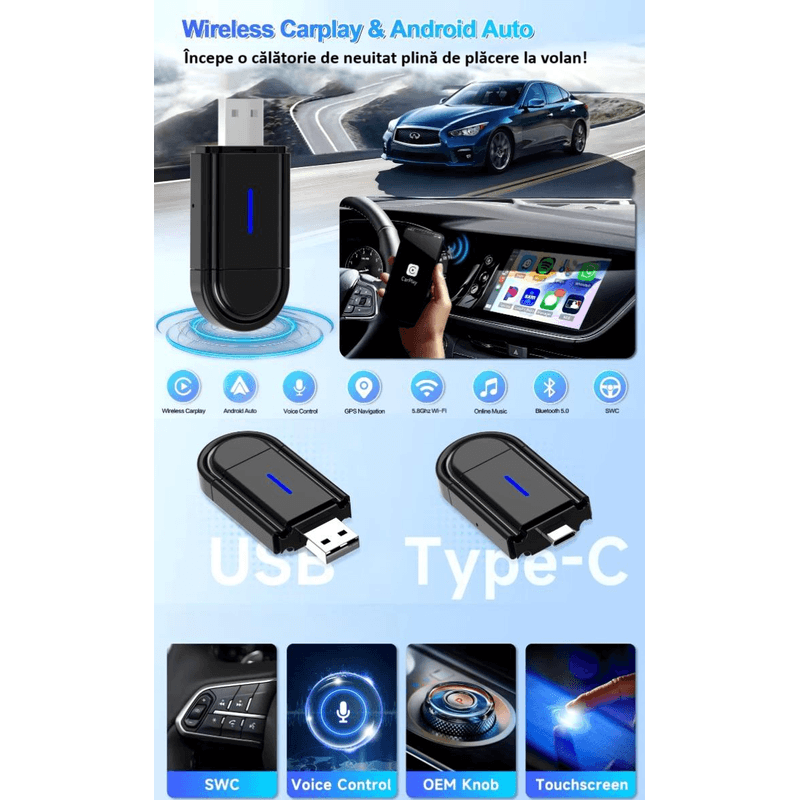 Auto si Moto - Electronice auto - Multimedia auto - Adaptor wireless CarPlay & Android Auto 2-in-1 ZYTEQ®️ PL6, iOS 10+/Android 11+, WiFi 5GHz, Plug-and-Play, negru - Infinity.ro