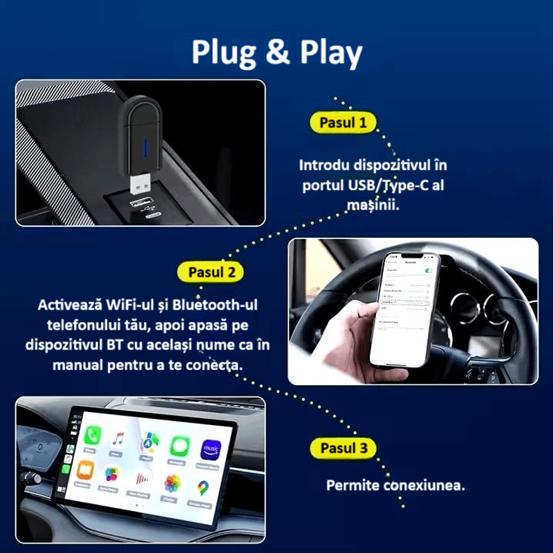 Auto si Moto - Electronice auto - Multimedia auto - Adaptor wireless CarPlay & Android Auto 2-in-1 ZYTEQ®️ PL6, iOS 10+/Android 11+, WiFi 5GHz, Plug-and-Play, negru - Infinity.ro