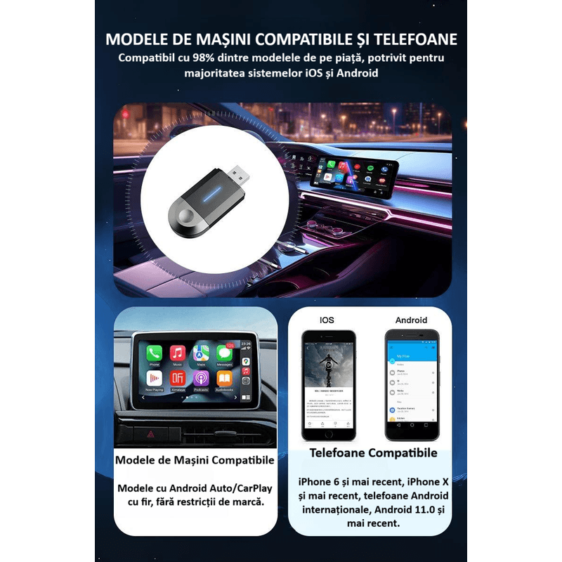 Auto si Moto - Electronice auto - Multimedia auto - Adaptor wireless CarPlay & Android Auto 2-in-1 ZYTEQ®️ PL6, iOS 10+/Android 11+, WiFi 5GHz, Plug-and-Play, negru - Infinity.ro
