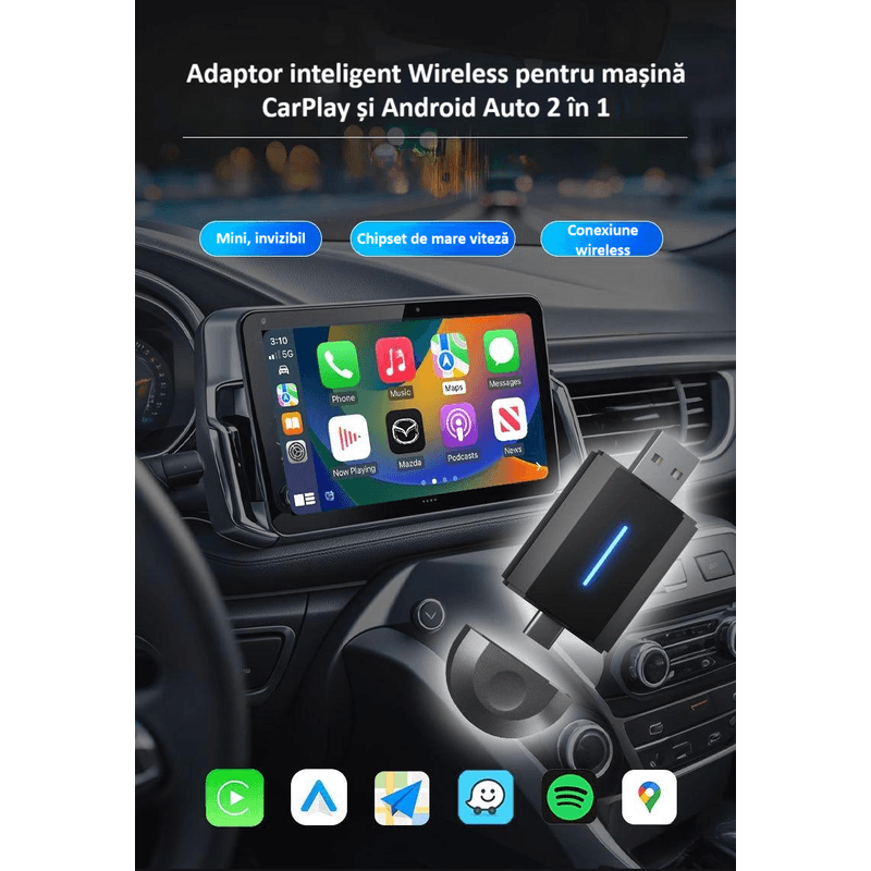 Auto si Moto - Electronice auto - Multimedia auto - Adaptor wireless CarPlay & Android Auto 2-in-1 ZYTEQ®️ PL6, iOS 10+/Android 11+, WiFi 5GHz, Plug-and-Play, negru - Infinity.ro