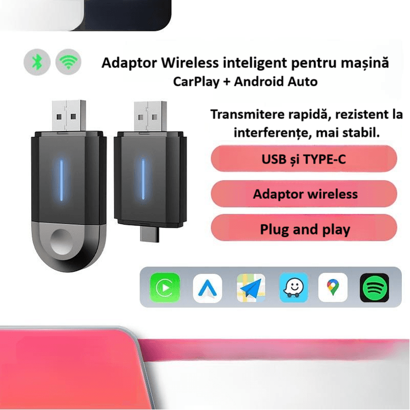 Auto si Moto - Electronice auto - Multimedia auto - Adaptor wireless CarPlay & Android Auto 2-in-1 ZYTEQ®️ PL6, iOS 10+/Android 11+, WiFi 5GHz, Plug-and-Play, negru - Infinity.ro