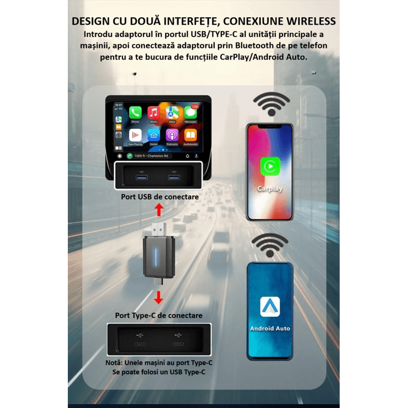 Auto si Moto - Electronice auto - Multimedia auto - Adaptor wireless CarPlay & Android Auto 2-in-1 ZYTEQ®️ PL6, iOS 10+/Android 11+, WiFi 5GHz, Plug-and-Play, negru - Infinity.ro