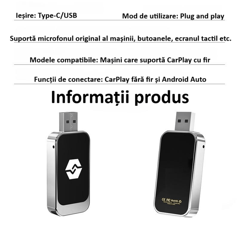 Auto si Moto - Electronice auto - Multimedia auto - Adaptor wireless CarPlay & Android Auto 2-in-1 ZYTEQ®️ Q1BZ, iOS 10+/Android 11+, WiFi 5GHz, Plug-and-Play, negru - Infinity.ro